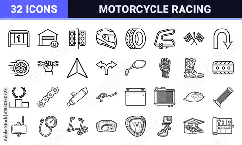 Motorcycle Racing Technical Monoline Symbols Niche Motorsports Competition Graphic Elements for Professional Track Day and Automotive Engineering