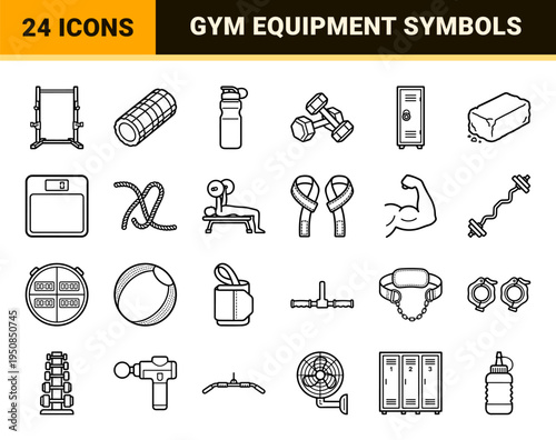Professional Bodybuilding and Weightlifting Monoline Symbols featuring Minimalist Athletic Equipment and Fitness Training Geometry.