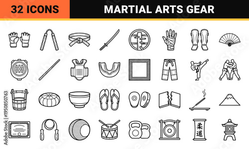 Professional Martial Arts Monoline Symbols Featuring Karate Judo Taekwondo and Kung Fu Equipment in Minimalist Uniform Line Style