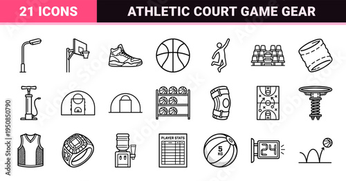 Basketball Sports Equipment Monoline Symbols for Athletic Apps and Technical Training Manuals in Clean Minimalist Outlines
