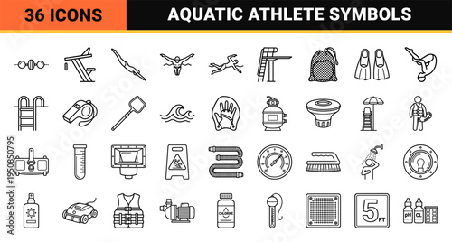 Professional Aquatic Sports and Swimming Pool Maintenance Monoline Symbolism Featuring Minimalist Athletic Figures and Safety Equipment Graphics