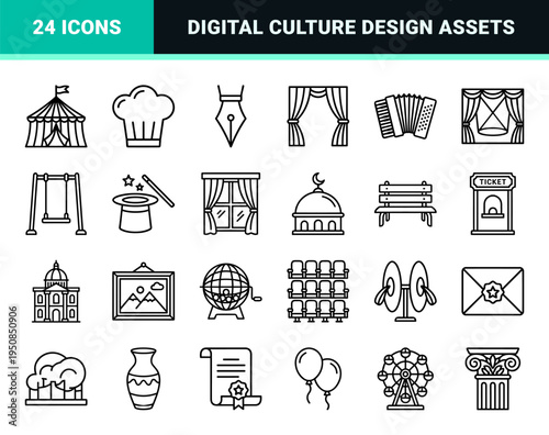 Entertainment and Arts Monoline Graphic Symbols featuring Minimalist Media and Culture Outline Elements for UI UX Design and Digital Marketing