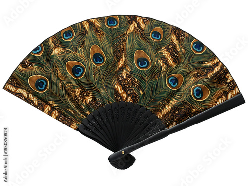 Elegant peacock feather fan design isolated against a transparent background