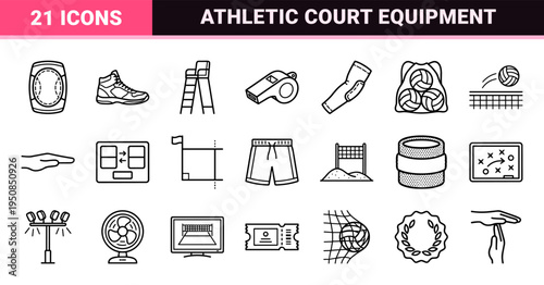 Professional Volleyball Court Sports Monoline Outline Icons featuring Technical Stroke Weight and Minimalist Athletic Equipment Symbols for UI Design.