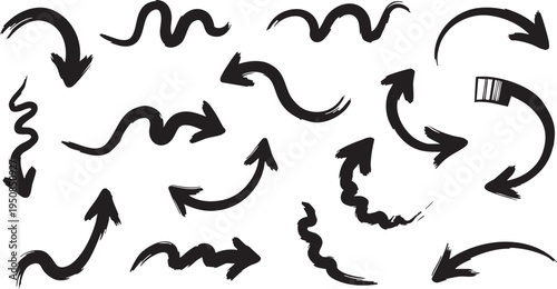 Black Silhouette Arrow Vector Set – Curved, Swirl & Directional Arrow Icons