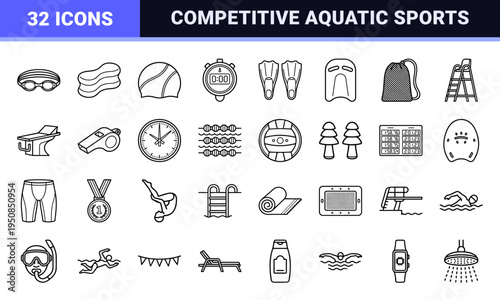 Professional Competitive Swimming and Aquatic Sport Equipment Symbols featuring Monoline Technical Art for Training and Racing Athletics