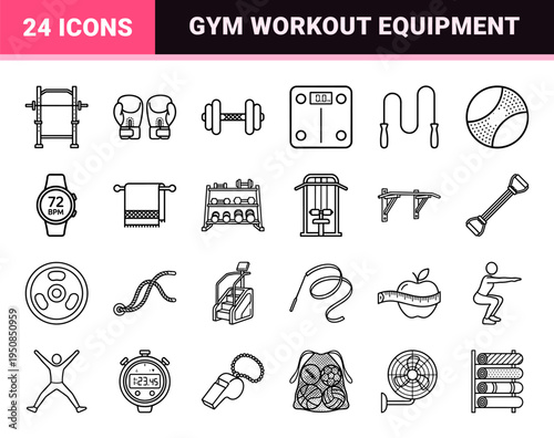 Gym Equipment and Physical Fitness Monoline Symbols Featuring Minimalist Athletic Gear and Workout Machines in Clean Outline Style.