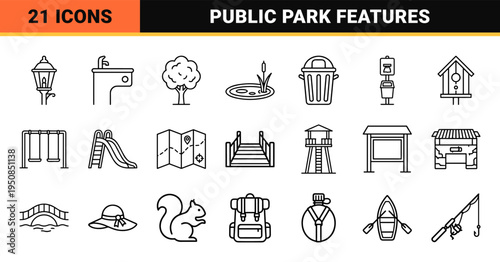 Outdoor Recreation and Public Park Amenity Monoline Symbols featuring Minimalist Black Outlines for Urban Planning and Wayfinding Systems