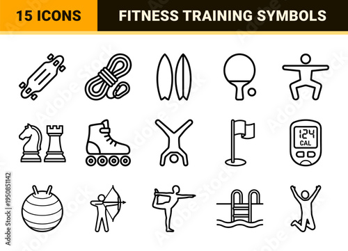 Professional Sports and Athletic Activity Monoline Symbols Featuring Clean Geometric Outlines for Fitness App Interface and Health Tracking