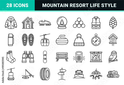 Minimalist Winter Sport and Cold Weather Lifestyle Monoline Symbols featuring technical outline aesthetic for mountain resort navigation and apps.