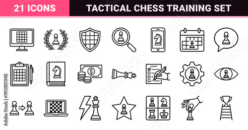 Professional Strategy Chess Line Art Symbols featuring Monoline King Queen Knight and Bishop Pieces for Technical Game Analysis and Training