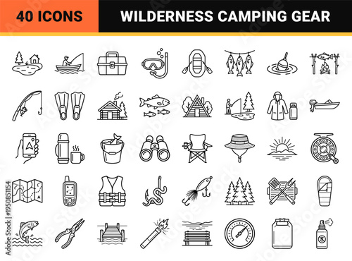 Outdoor Fishing and Wilderness Recreation Line Art Symbols Featuring Technical Monoline Aesthetic for Camping and Lake Activities Graphics