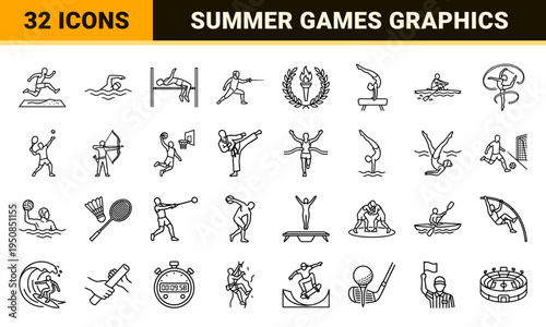 Olympic Summer Games Athletic Symbols Featuring Minimalist Monoline Pictograms for Professional Tournament Branding and Competitive Sports Signage