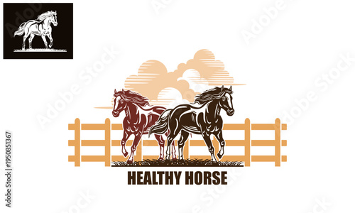 HEALTHY GREAT HORSE IN FARM LOGO, silhouette of big and strong mare standing vector illustrations