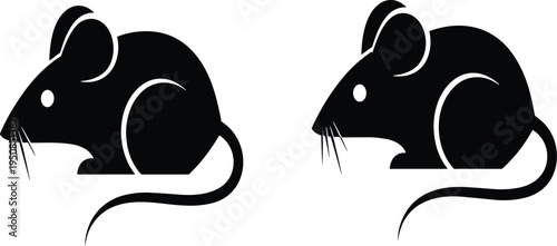 Set of black mouse silhouettes featuring two cute rodents in profile view isolated on white background for nature vector illustration.