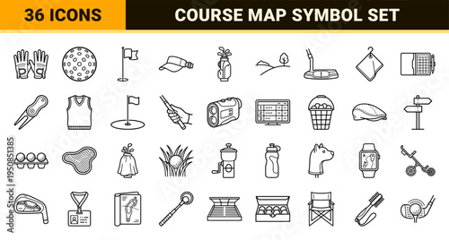 Professional Golf Equipment Monoline Symbols Featuring Clean Minimalism and Technical Line Art for Tournament Apps and Sporting Graphics.