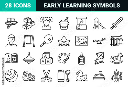Refined Playground and Early Education Monoline Symbols Featuring Minimalist Kindergarten Toys and Learning Tools in Sophisticated Outline Style
