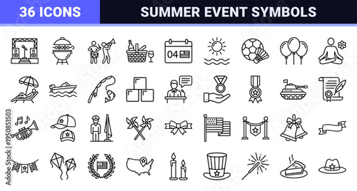 Independence Day Celebration Monoline Symbols Featuring Patriotic Events Summer Activities and National Holiday Traditions in Clean Technical Line Art