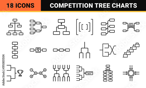 Technical Tournament Bracket Monoline Symbols for Sports Analytics and Competition Playoffs Management Interfaces