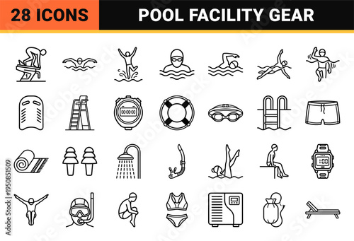 Professional Aquatic Sports and Swimming Facility Symbols Featuring Minimalist Neo-Line Art Outlines for Competitive Training and Water Safety.