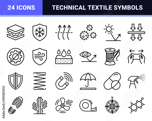 Technical Textile Property Symbols and Garment Functionality Line Art Graphics Featuring Weatherproof Breathable and Protective Material Qualities