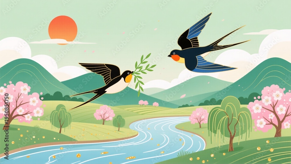 Fototapeta premium spring landscape with birds