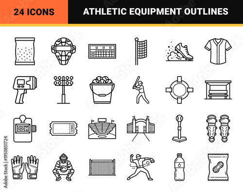 Professional Baseball Athletics Equipment Neo-Line Art Symbols Featuring Minimalist Monoline Bat Ball Glove Helmet and Stadium Field Outlines