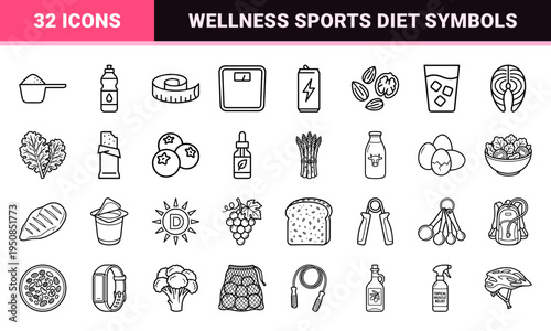 Fitness Nutrition and Dietary Supplement Monoline Symbols, Healthy Meal and Wellness Lifestyle Technical Outline Graphics for Sports Apps