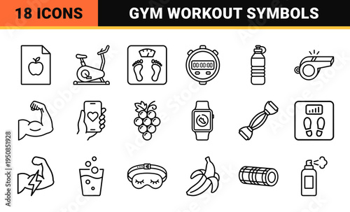 Wellness and Exercise Tracking Monoline Symbols featuring Technical Line Art for Fitness Apps and Health Management Interfaces.