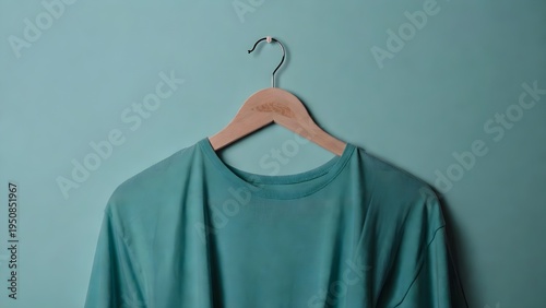 Teal t-shirt hangs on wooden hanger. Plain short sleeve shirt displayed on solid color teal backdrop. Minimalist casual clothing item for everyday wear. Apparel industry product shot