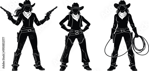 Set of black silhouettes featuring cowgirls in various poses with pistols and lassos, historic western female characters isolated on white,