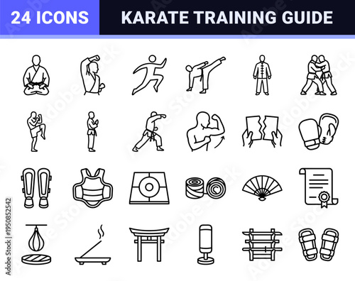 Martial Arts Training and Karate Technique Monoline Symbols for Dojo Signage and Instructional Design Featuring Professional Combat Silhouettes