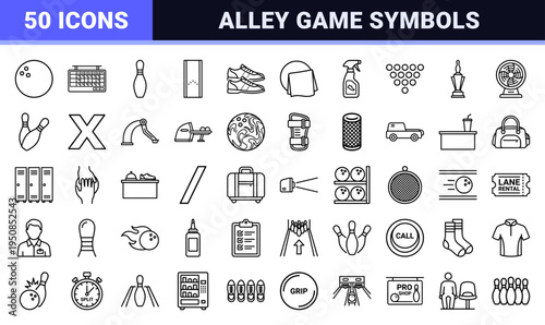 Ten-pin Bowling Alley Monoline Symbols Featuring Minimalist Ball and Pin Visual DNA for Professional Sports Layouts and Recreational Signage