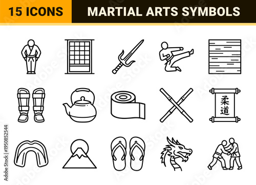 Martial Arts and Combat Sports Monoline Outline Symbols Featuring Karate Judo Boxing and Traditional Training Equipment in Minimalist Style
