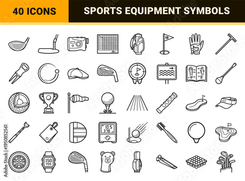Golf Equipment and Course Management Technical Monoline Symbols. High-Clarity Minimalism for Sports Analytics and Professional Coaching Apps.