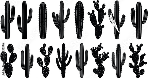 Set of black vector cactus silhouettes featuring saguaro and prickly pear plants for western desert nature landscape design elements isolated.