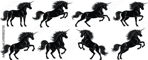 Set of black unicorn silhouettes in various poses like standing, rearing, and galloping, mythical fantasy horse icons on white background.