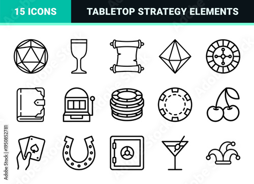 Tabletop Gaming and Casino Probability Monoline Icons Featuring Dice Polyhedrons and Gambling Symbols in a Minimalist Vector Outline Style