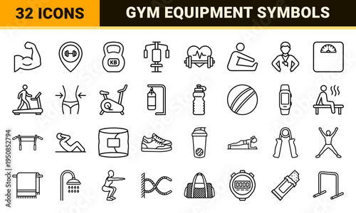 Gym and Bodybuilding Monoline Outline Symbols for Fitness Apps and Workout Tracking Interface Design