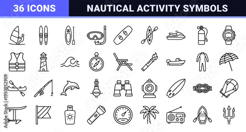 Nautical Recreation and Water Sports Technical Monoline Symbols featuring Windsurfing Surfing and Diving Equipment in Minimalist Outline Style