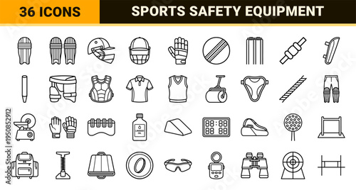 Professional Cricket Equipment and Safety Gear Monoline Icons for Sports Cataloging and Technical Athletic Graphics
