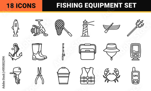 Commercial Fishing and Maritime Industry Monoline Symbols for Marine Logistics Navigation and Aquatic Harvesting Equipment Professional Graphics