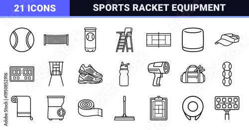 Professional Tennis Sports Equipment Monoline Outlines for Tournament Branding and Athletic Coaching Graphics featuring Minimalist Vector Symbols