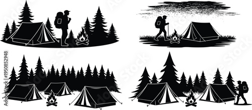 Set of camping silhouettes with hikers, tents, campfires, and pine trees, outdoor adventure mountain forest landscapes isolated on white background.