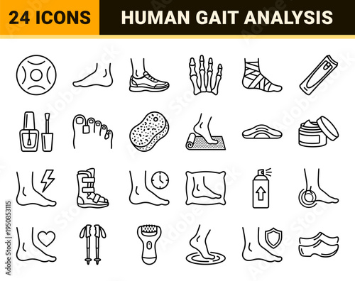 Human Podiatry and Foot Health Monoline Symbols. Minimalist Outline Footprint and Orthopedic Care Icons for Medical and Wellness Digital Design.