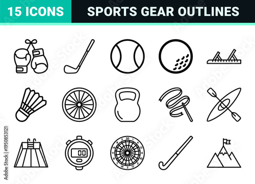 Minimalist Athletic Equipment and Professional Sports Symbols Graphic Set Featuring Technical Monoline Outlines for Digital Interface Design