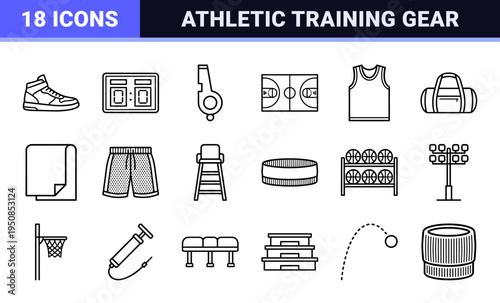 Basketball Equipment and Arena Facilities Technical Monoline Outline Symbols Featuring Minimalist Hoops Balls Jerseys and Training Gear