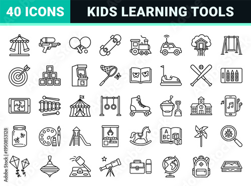 Kids Activities and Educational Play Monoline Outline Symbols for UI Design and Childcare Branding