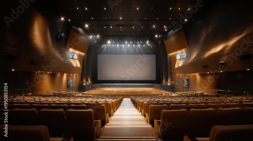 Modern Cinema Interior with Empty Seats, Large Screen, and Theatrical Lighting Arrangements in an Urban Setting
