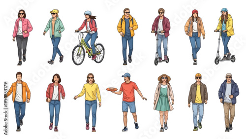 Vector Set of Diverse People Characters in Casual Spring Outfits Lifestyle Activity Collection Isolated on White